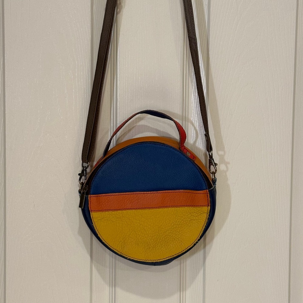 Soruka Upcycled Leather Round Crossbody Bag Colorblock Blue Yellow Orange Small